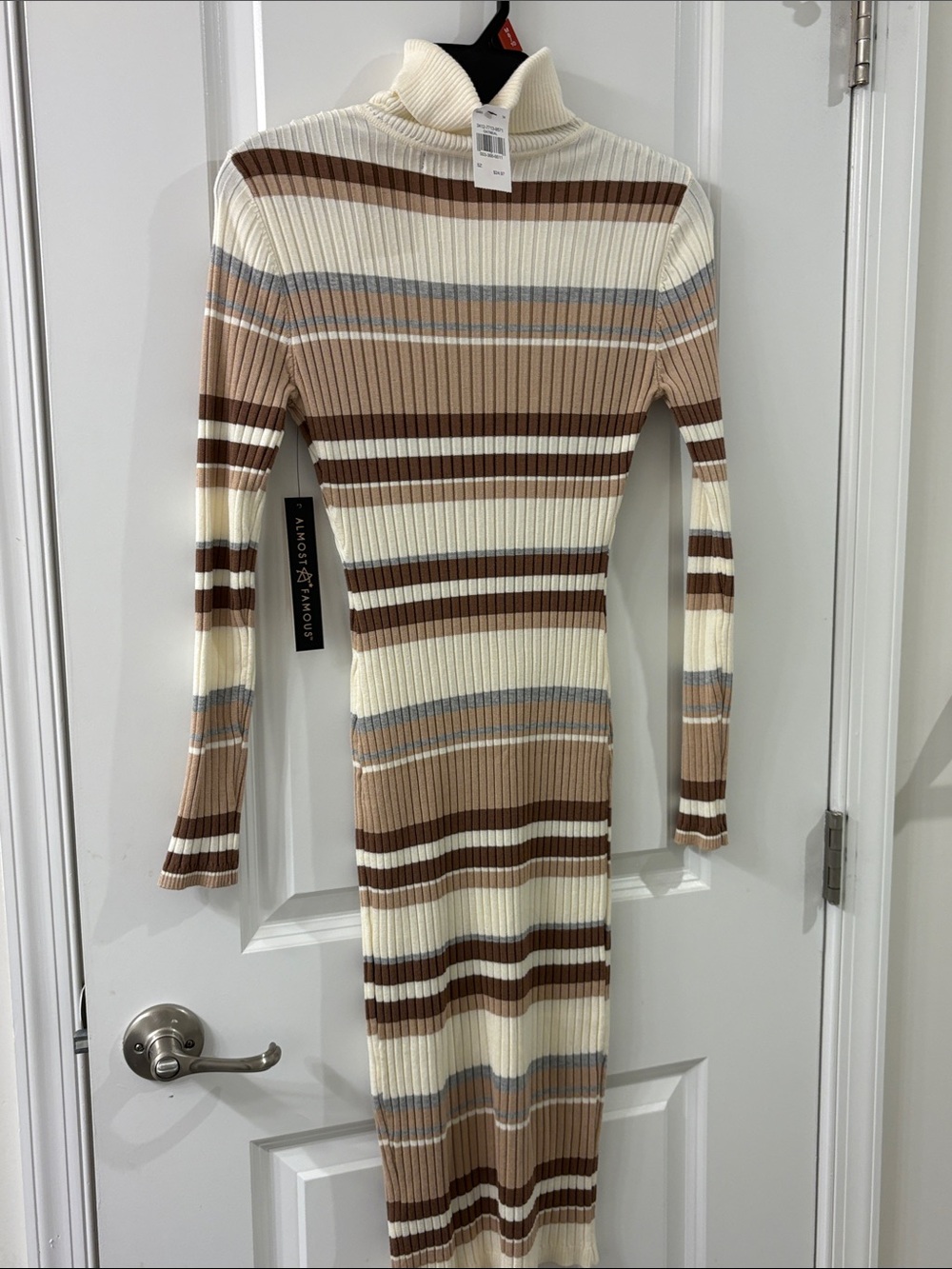 Almost Famous Striped Ribbed Turtleneck Midi Dress in Cream, Tan & Brown